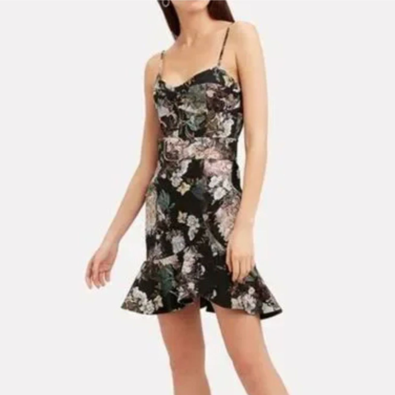 Nwt Nicholas Arielle Floral Frill Dress Peplum Flare Mini Black No Belt Size 0
